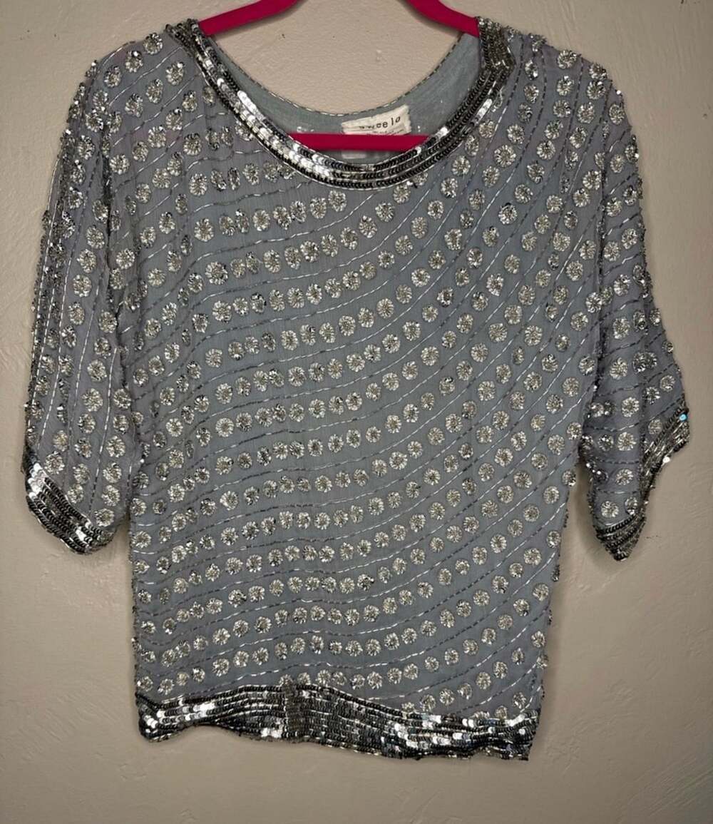 Swee Lo Vintage 100% Silk Gray Beaded and Sequined Short Sleeve Blouse